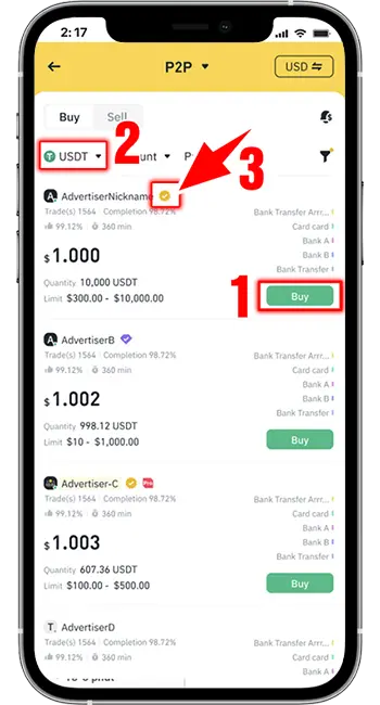 Bước 2: Chọn "Mua" → chọn đồng USDT - và chọn người bán uy tín (có dấu tích vàng).